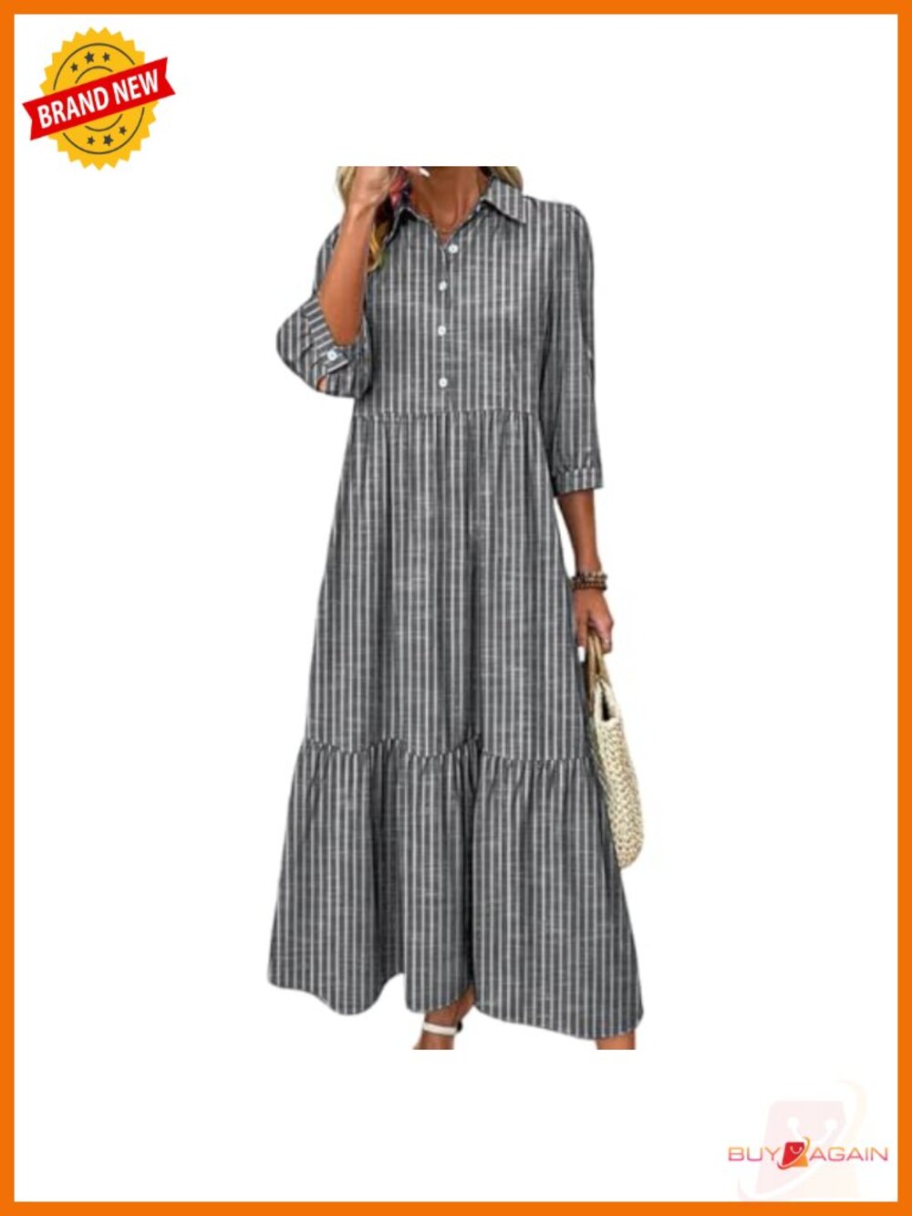 Womens Striped Tiered Maxi Dress 3/4 Sleeve Button Down Shirt Dress